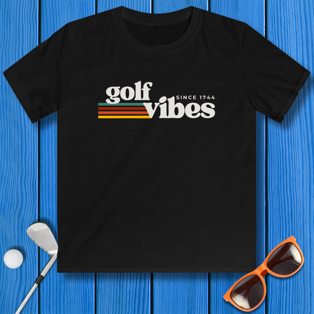 Golf Vibes - Youth T-shirt in Black, great for casual wear. Find more fun golf focused products at oneforetheages.com