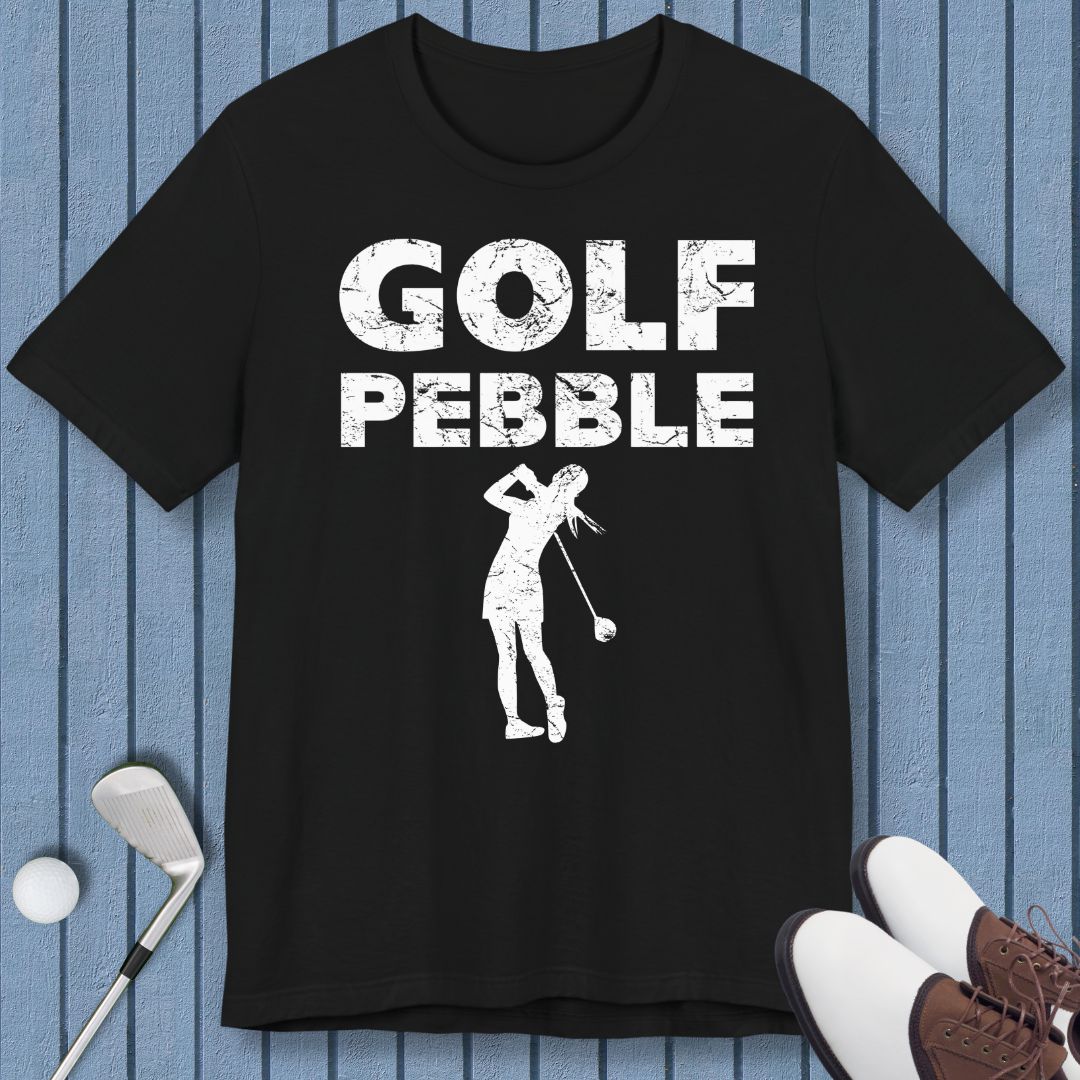 Golf Pebble - Female T-shirt in Black, great for casual wear. Find more fun golf focused products at oneforetheages.com