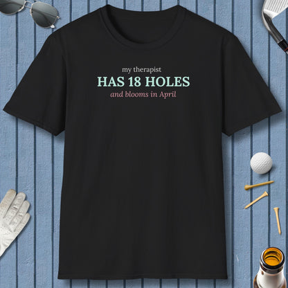 My Therapist Has 18 Holes and Blooms in April - Adult Golf T-Shirt in Black