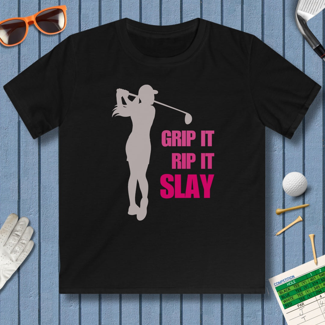 GRIP IT, RIP IT, SLAY (Female) - Youth Golf T-Shirt in Black