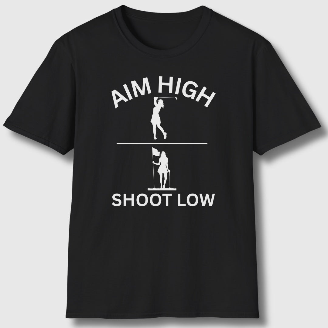 Aim High - Shoot Low (Female) - Adult Golf T-Shirt in Black