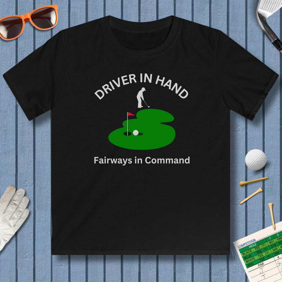 Driver in Hand - Fairways in Command (Male) - Youth Golf T-Shirt in Black
