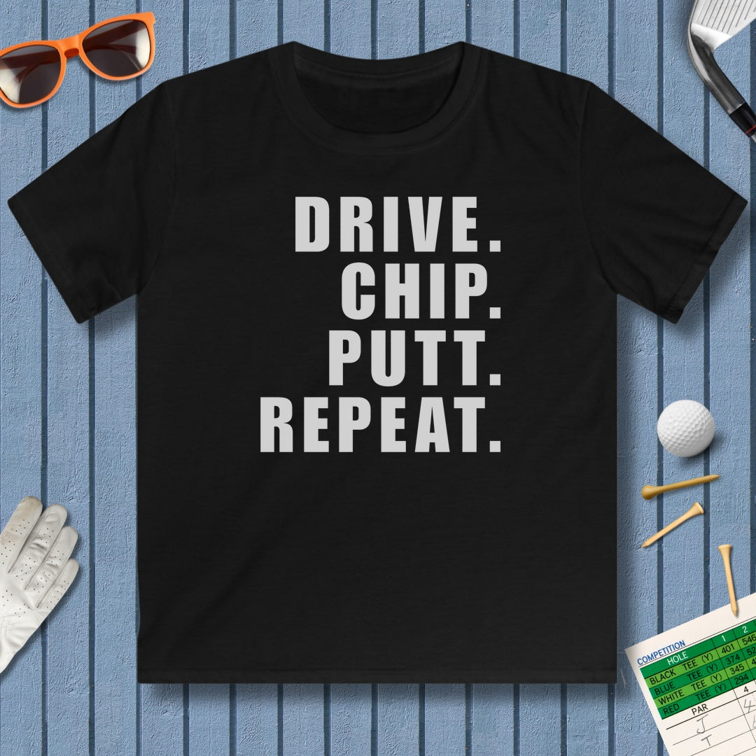 DRIVE CHIP PUTT REPEAT - Youth Golf T-Shirt in Black