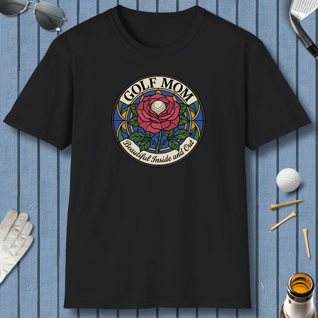 GOLF MOM: BEAUTIFUL INSIDE AND OUT, Stained Glass Rose Tee - Adult Golf T-Shirt in Black