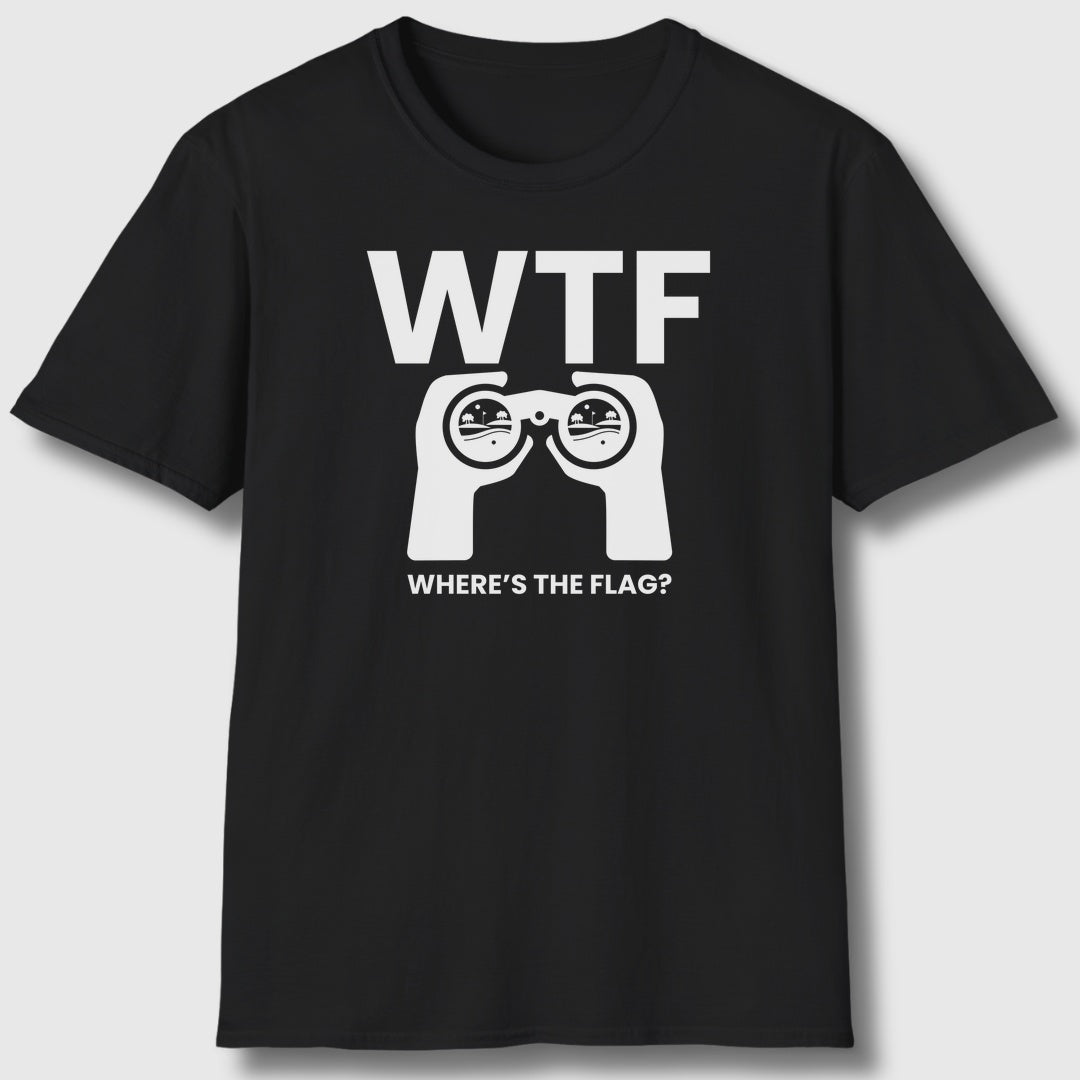 WTF - Where's the Flag - Adult Golf T-Shirt in Black