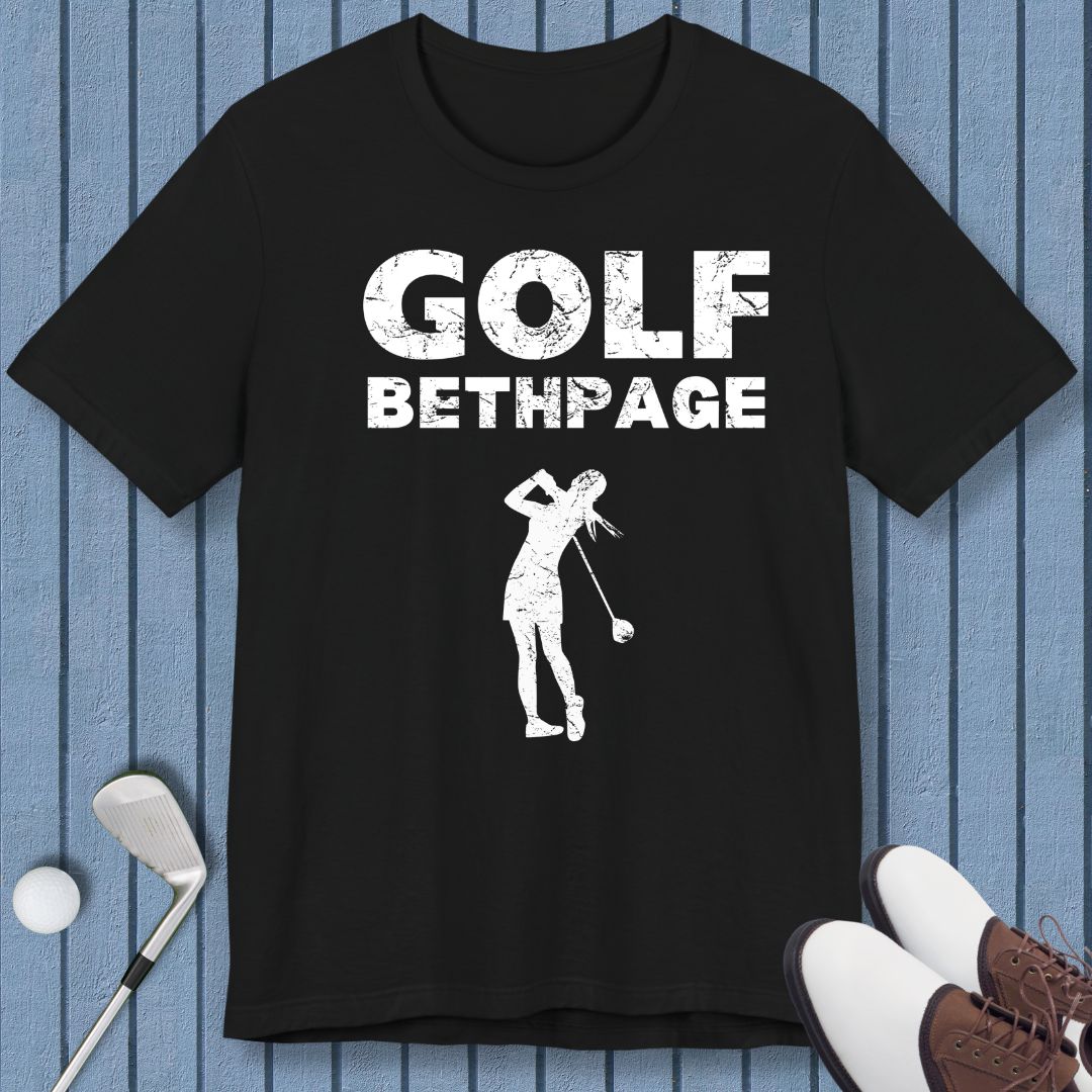 Golf Bethpage - Female T-shirt in Black, great for casual wear. Find more fun golf focused products at oneforetheages.com