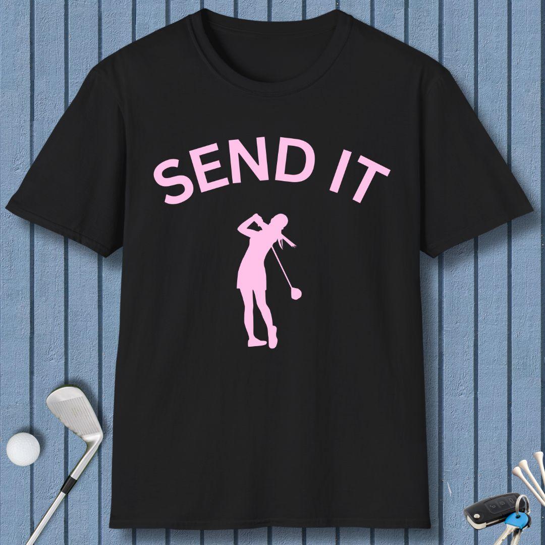 SEND IT - Female - T-Shirt in Black, great for casual wear. Find more fun golf focused products at oneforetheages.com