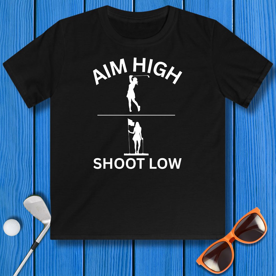 Aim High - Shoot Low - Girl - Youth in Black, great for casual wear. Find more fun golf focused products at oneforetheages.com