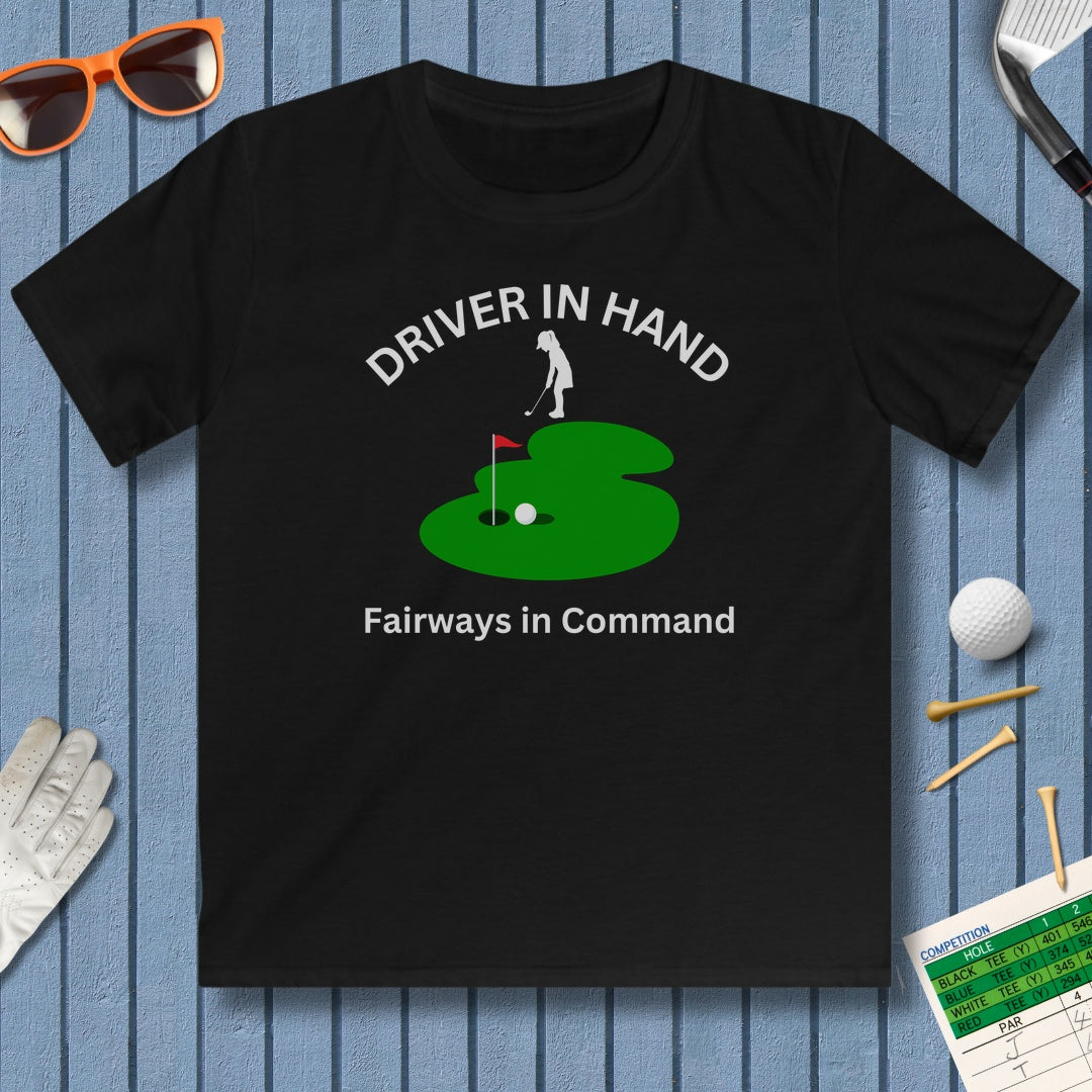 Driver in Hand - Fairways in Command (Female) - Youth Golf T-Shirt in Black