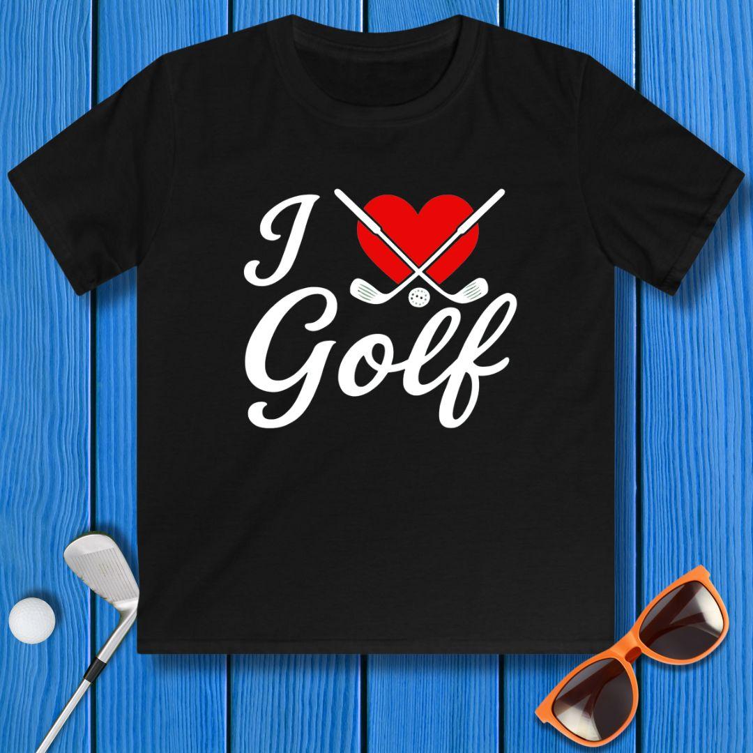 I Love Golf - Youth T-shirt in Black, great for casual wear. Find more fun golf focused products at oneforetheages.com