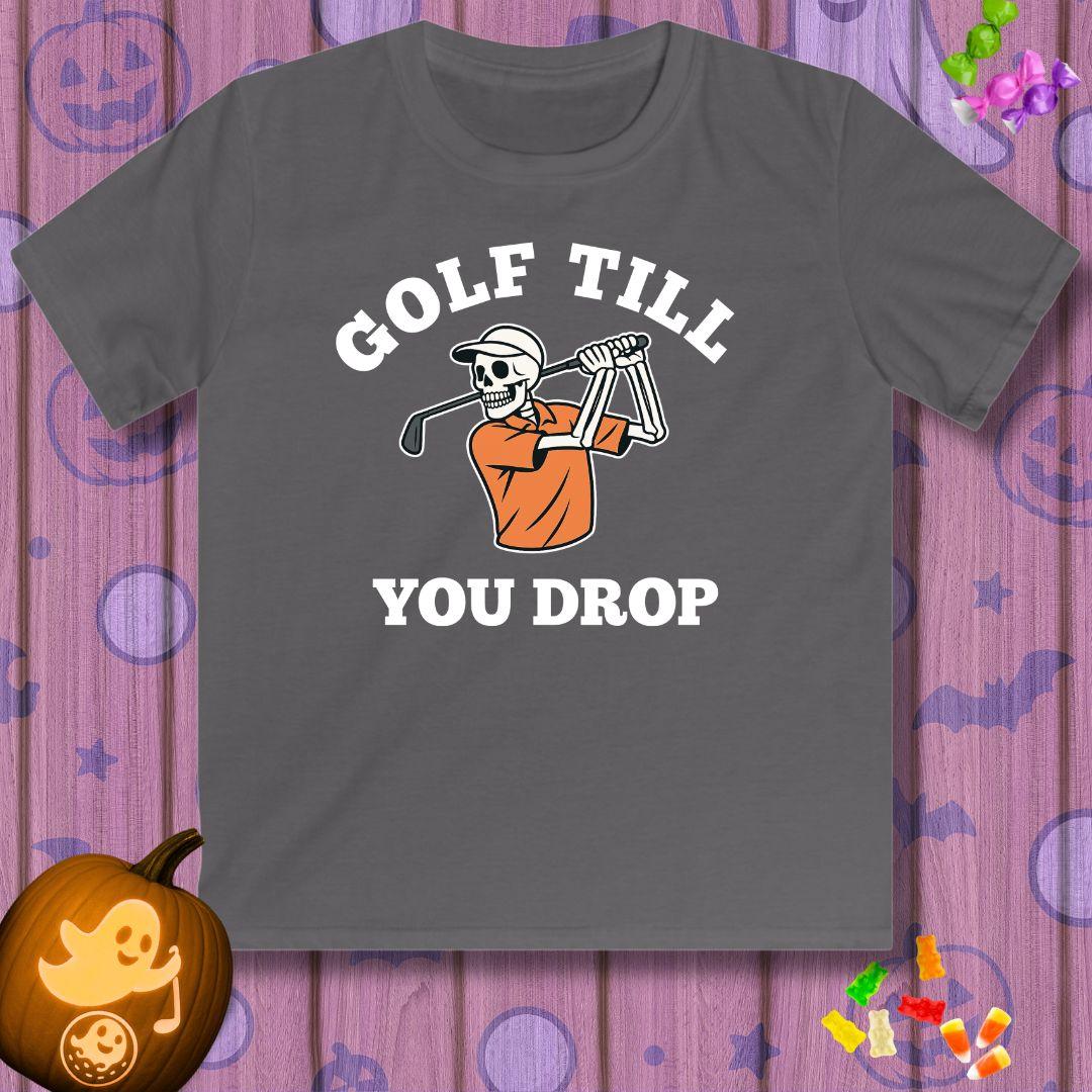 Golf Till You Drop - Youth Halloween T-shirt in Charcoal, great for casual wear. Find more fun golf focused products at oneforetheages.com