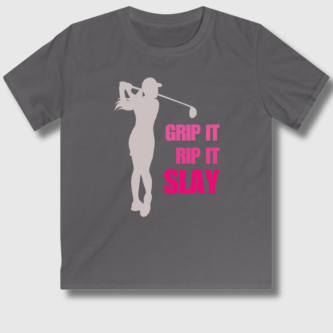 GRIP IT, RIP IT, SLAY (Female) - Youth Golf T-Shirt in Charcoal