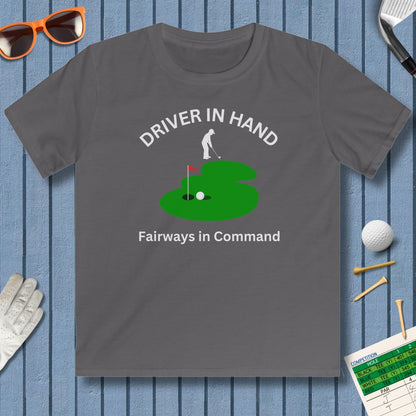 Driver in Hand - Fairways in Command (Male) - Youth Golf T-Shirt in Charcoal