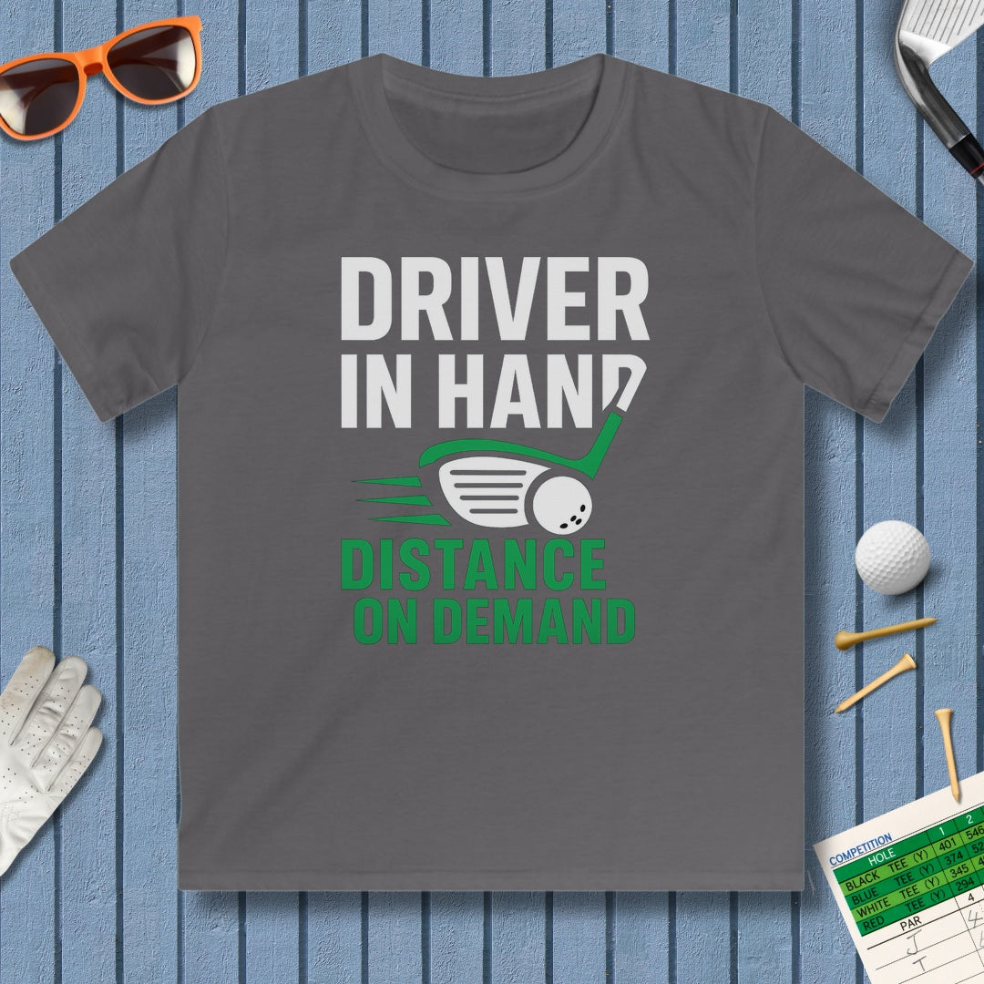 Driver in Hand - Distance on Demand - Youth Golf T-Shirt in Charcoal