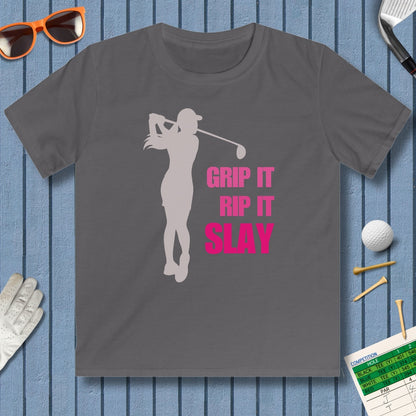 GRIP IT, RIP IT, SLAY (Female) - Youth Golf T-Shirt in Charcoal