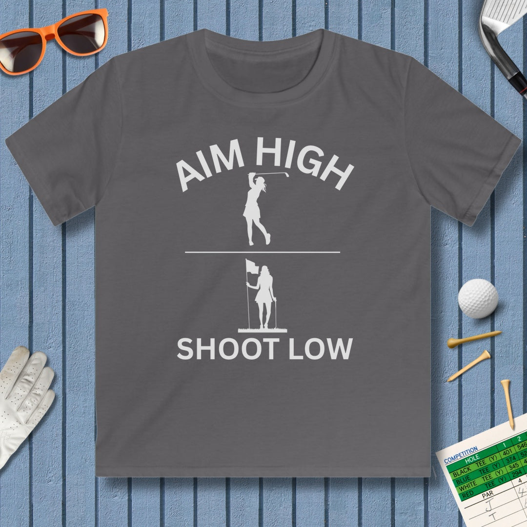 Aim High - Shoot Low (Female) - Youth Golf T-Shirt in Charcoal