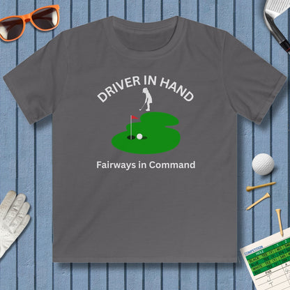 Driver in Hand - Fairways in Command (Female) - Youth Golf T-Shirt in Charcoal