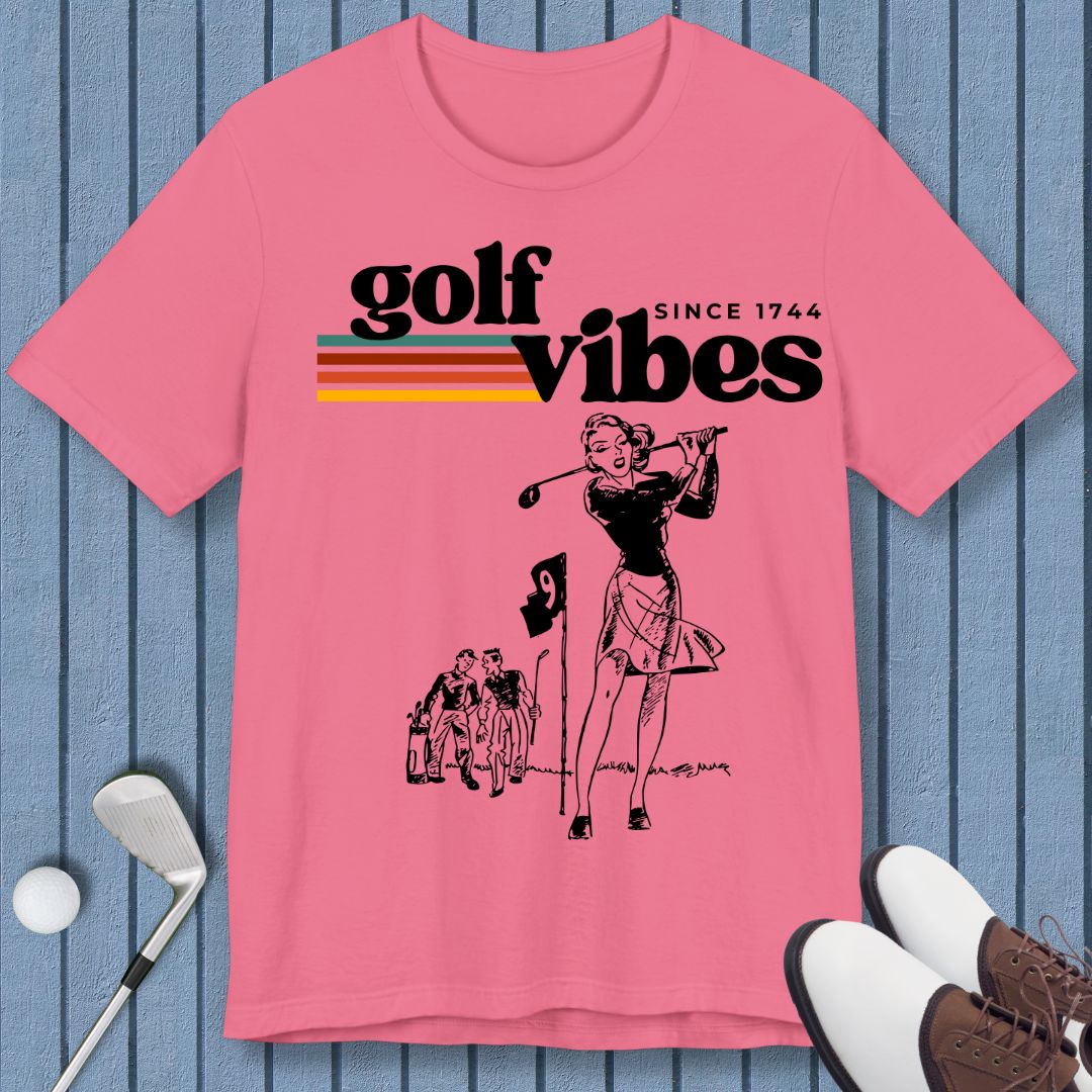 Golf Vibes | Retro T-shirt in Charity Pink, great for casual wear. Find more fun golf focused products at oneforetheages.com