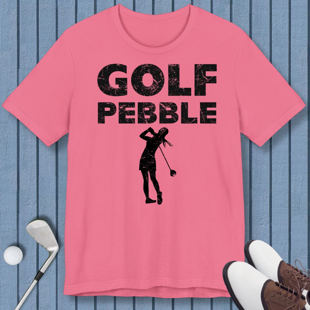 Golf Pebble - Female T-shirt in Charity Pink, great for casual wear. Find more fun golf focused products at oneforetheages.com