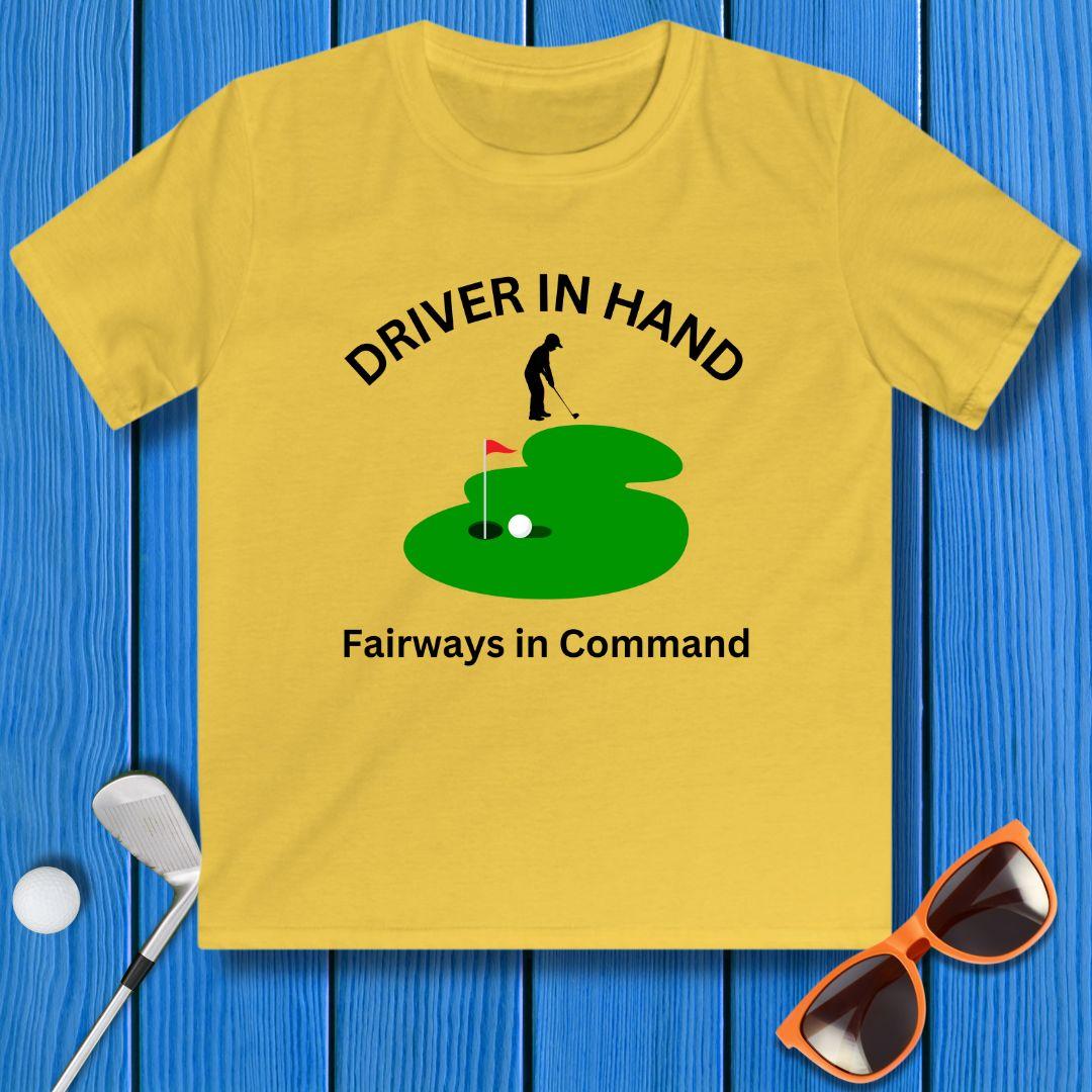 Driver in Hand - Fairways in Command - Junior Boy T-shirt in Daisy, great for casual wear. Find more fun golf focused products at oneforetheages.com