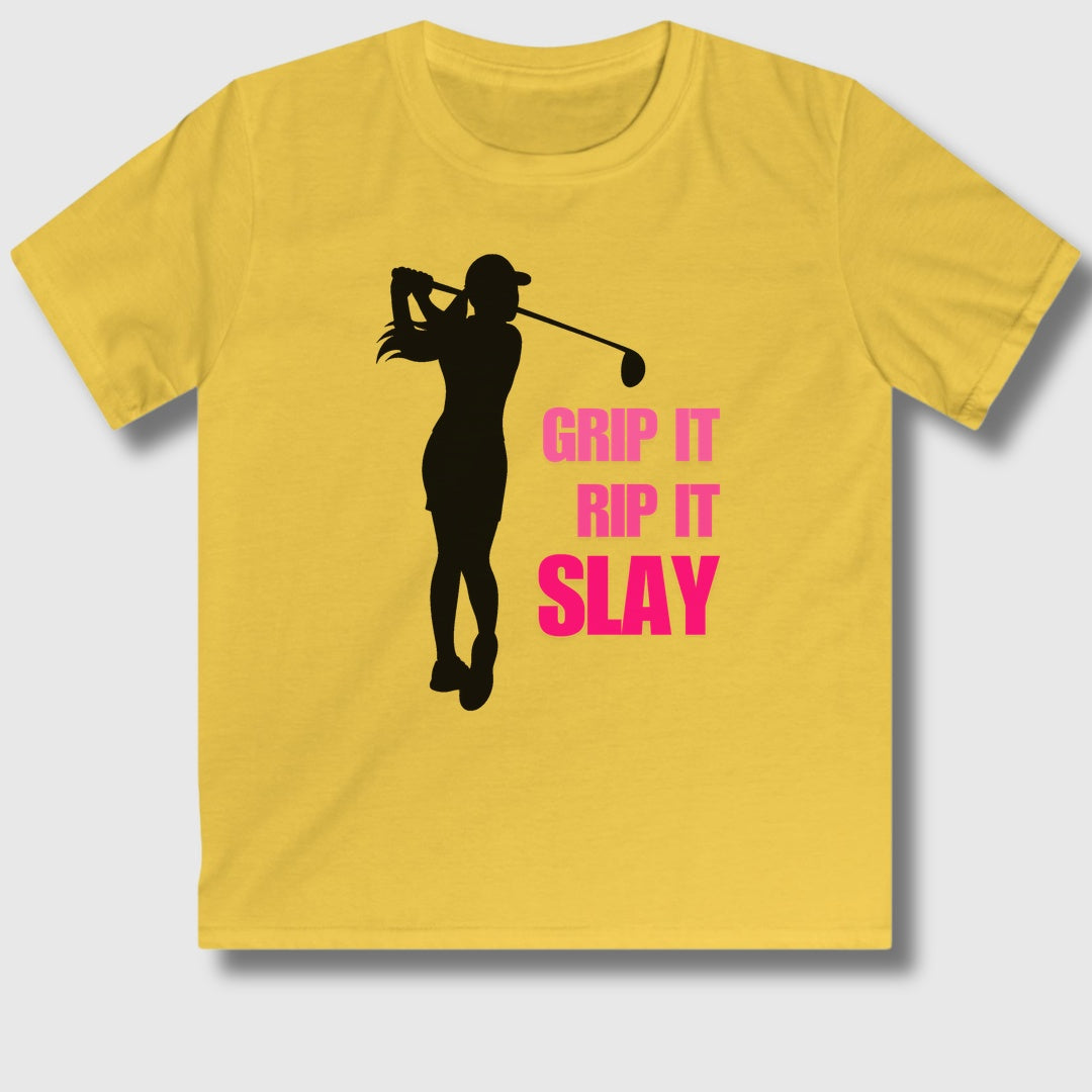 GRIP IT, RIP IT, SLAY (Female) - Youth Golf T-Shirt in Daisy