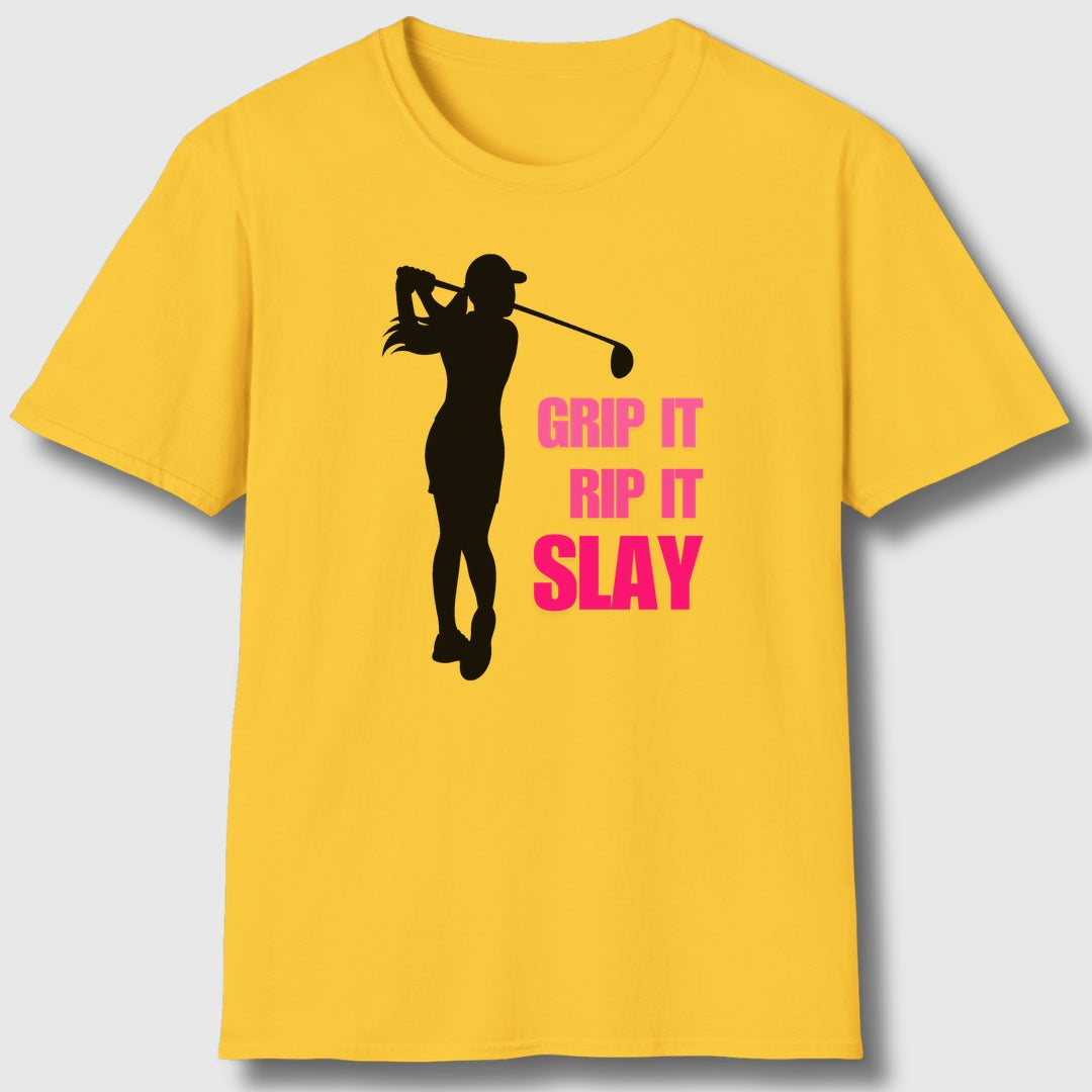 GRIP IT, RIP IT, SLAY (Female) - Adult Golf T-Shirt in Daisy
