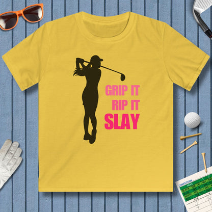 GRIP IT, RIP IT, SLAY (Female) - Youth Golf T-Shirt in Daisy