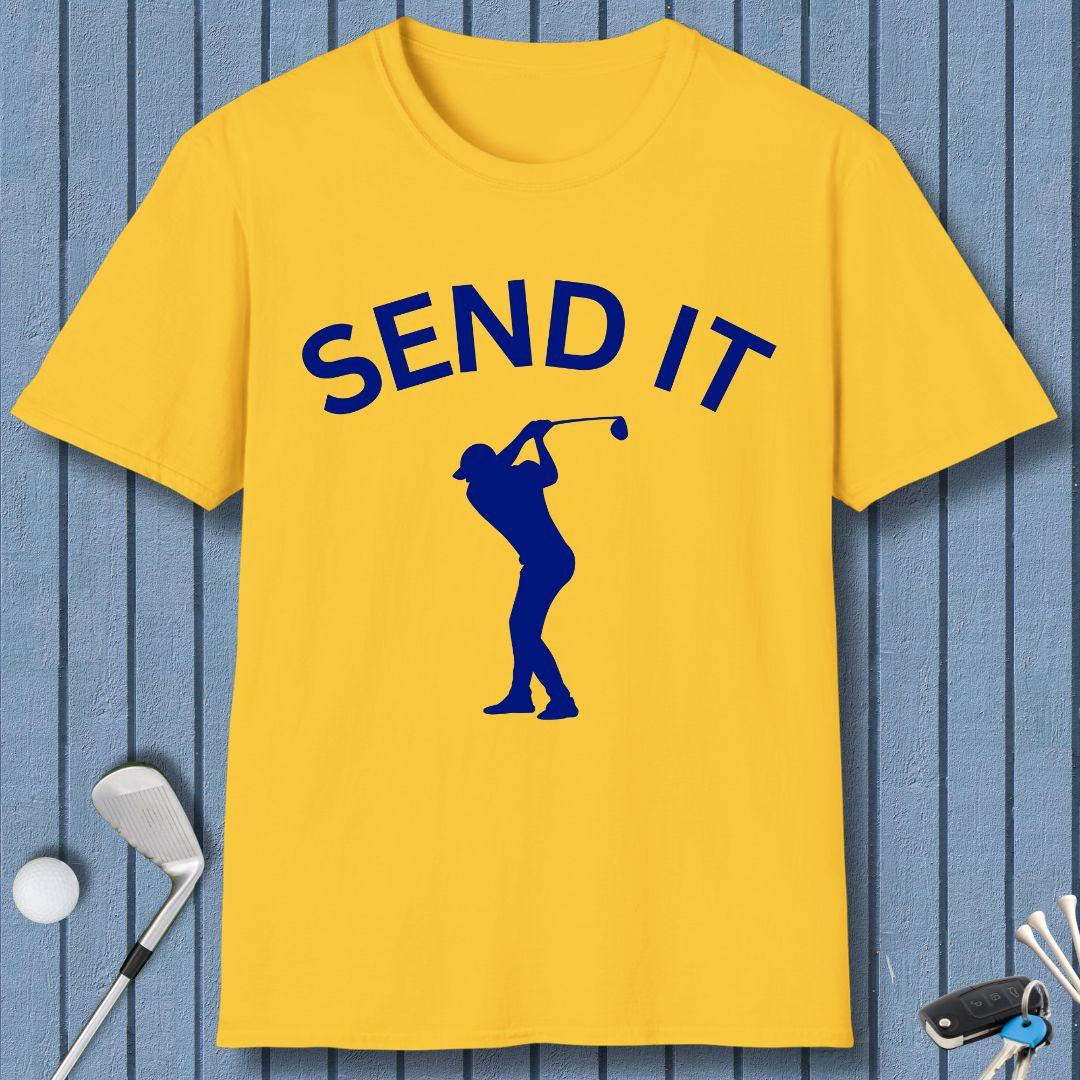 SEND IT - Male Golfer T-Shirt in Daisy, great for casual wear. Find more fun golf focused products at oneforetheages.com
