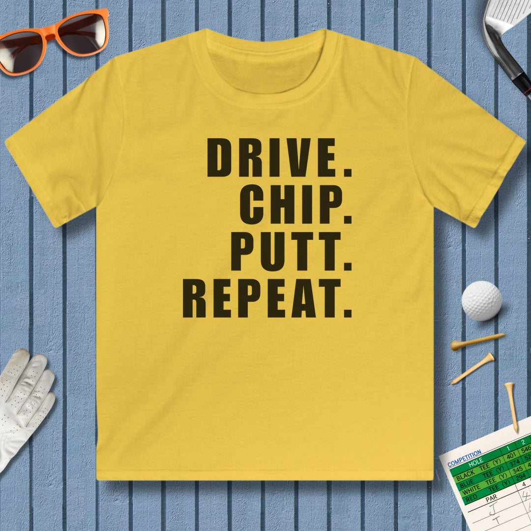 DRIVE CHIP PUTT REPEAT - Youth Golf T-Shirt in Daisy