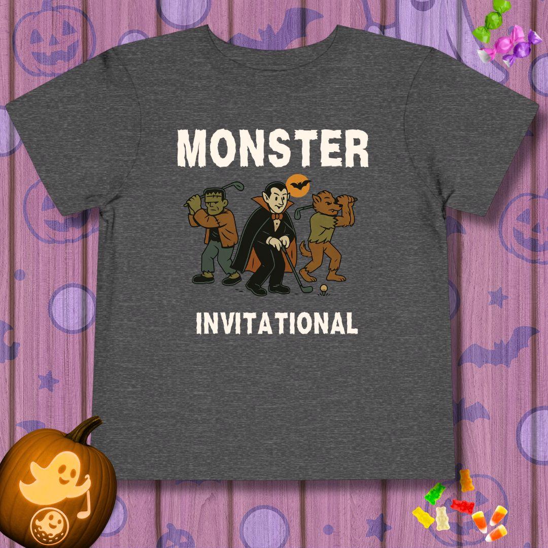 Monster Invitational - Toddler Halloween T-shirt in Dark Heather Grey, great for casual wear. Find more fun golf focused products at oneforetheages.com