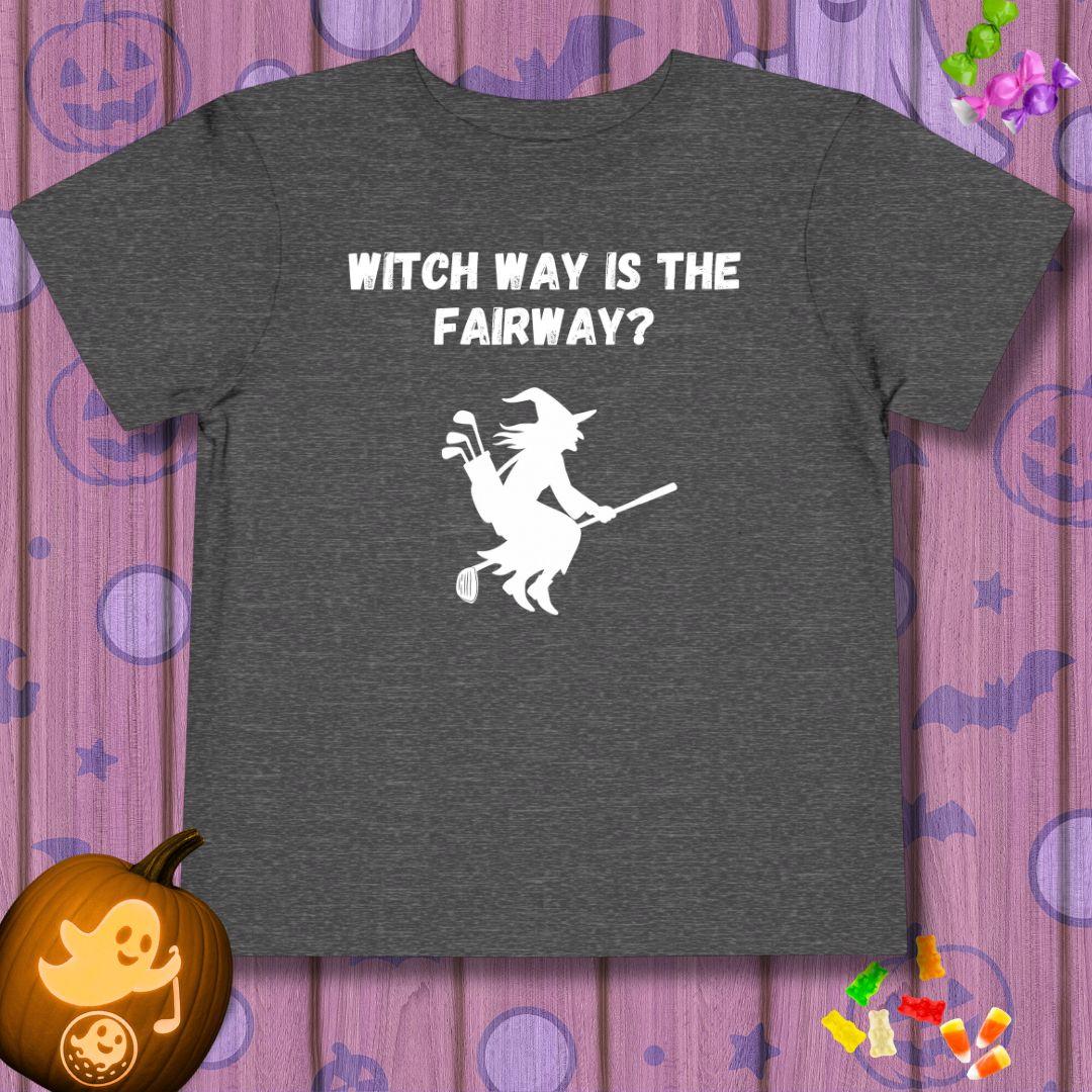 Witch Way is the Fairway? - Toddler Halloween T-shirt in Dark Heather Grey, great for casual wear. Find more fun golf focused products at oneforetheages.com