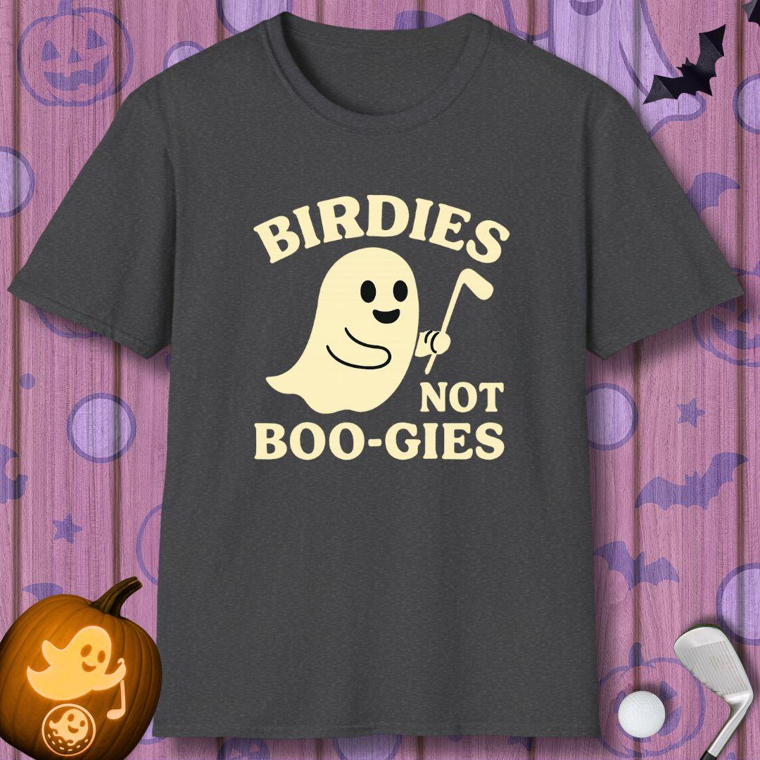 Birdies not BOO-GIES - Halloween T-shirt in Dark Heather, great for casual wear. Find more fun golf focused products at oneforetheages.com