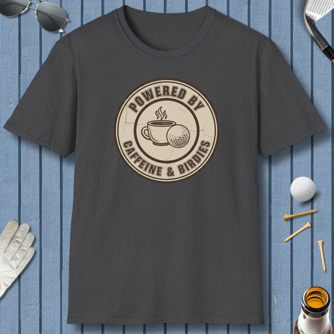 Powered by Caffeine & Birdies - Adult Golf T-Shirt in Dark Heather
