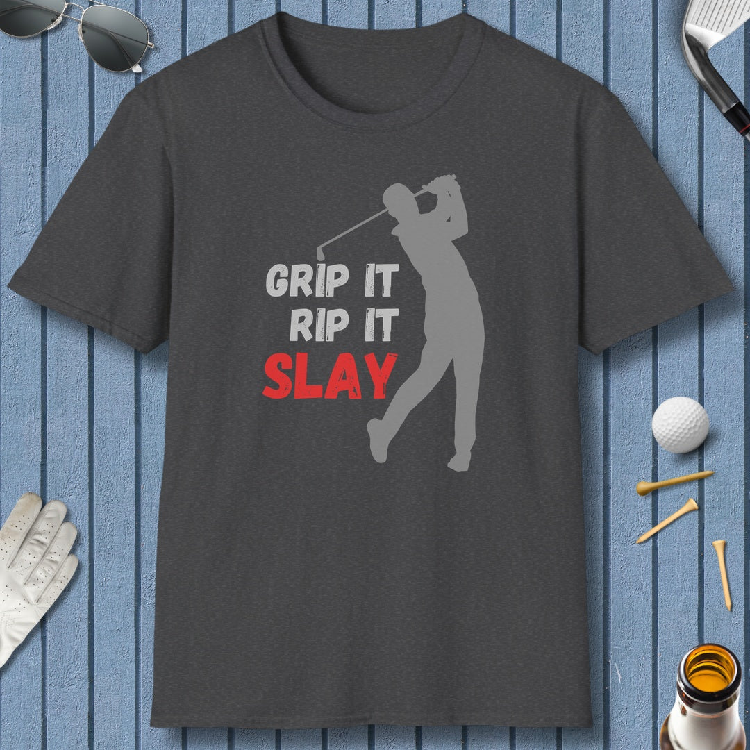 GRIP IT, RIP IT, SLAY (Male) - Adult Golf T-Shirt in Dark Heather