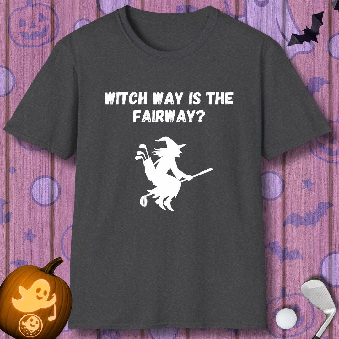 Witch Way is the Fairway? - Halloween T-shirt in Dark Heather, great for casual wear. Find more fun golf focused products at oneforetheages.com