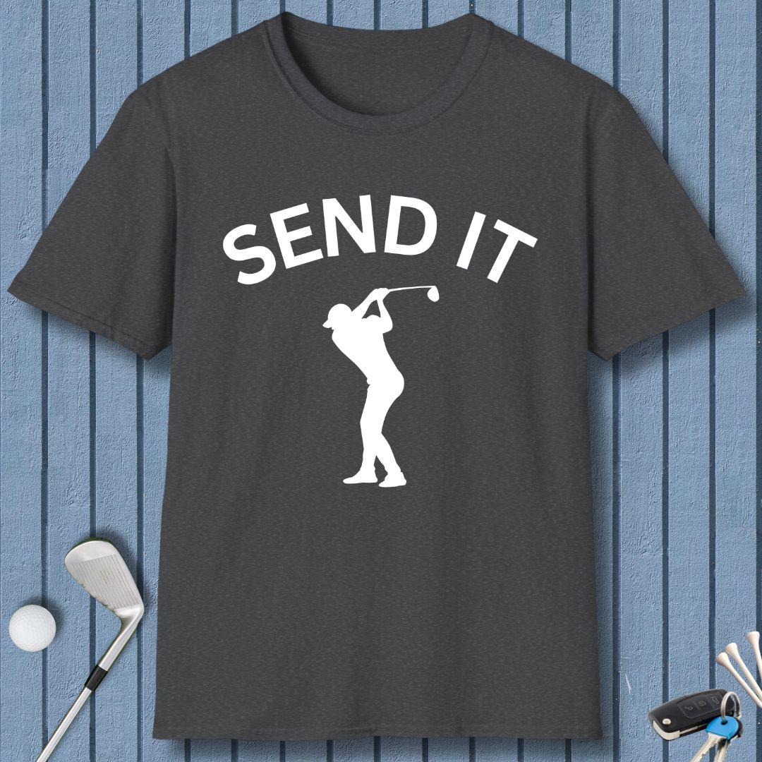 SEND IT - Male Golfer T-Shirt in Dark Heather, great for casual wear. Find more fun golf focused products at oneforetheages.com