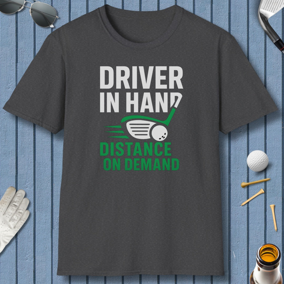 Driver in Hand - Distance on Demand - Adult Golf T-Shirt in Dark Heather