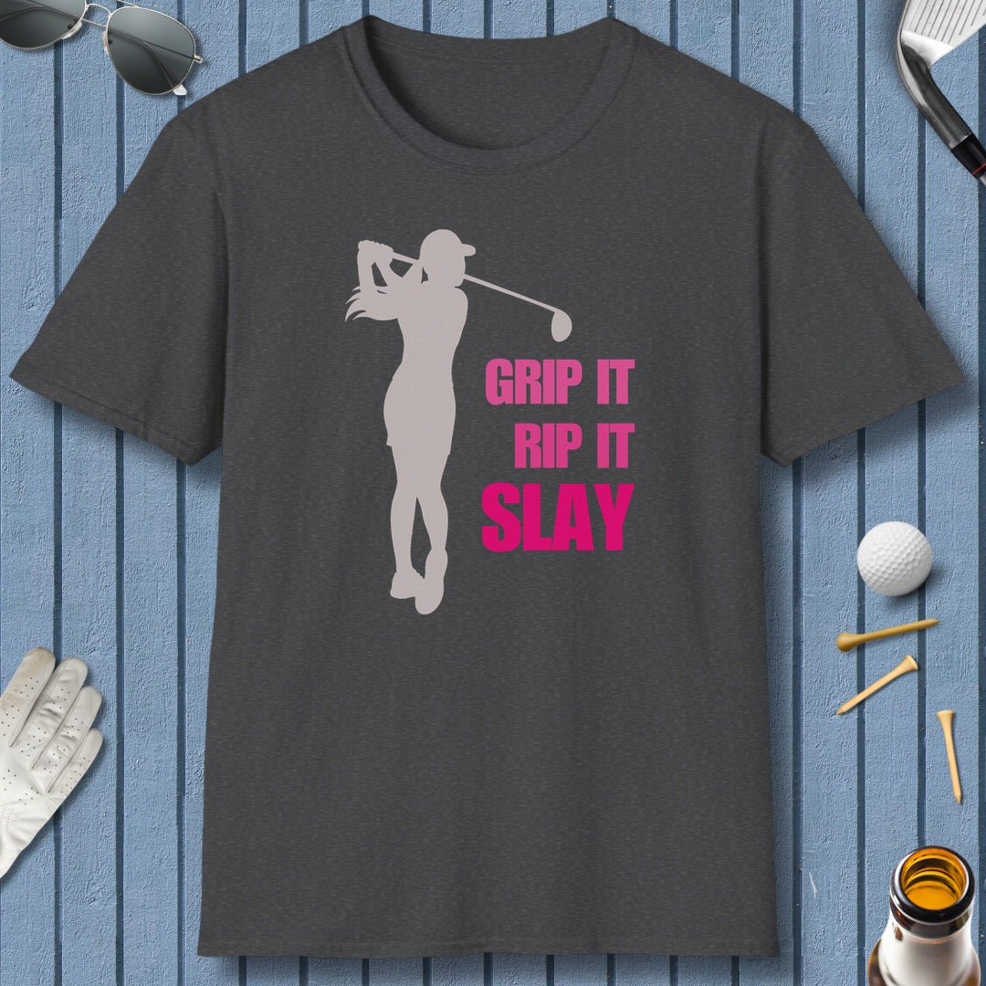 GRIP IT, RIP IT, SLAY (Female) - Adult Golf T-Shirt in Dark Heather