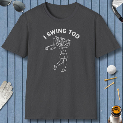 Retro I SWING TOO Women's Golf T-Shirt - Adult Golf T-Shirt in Dark Heather