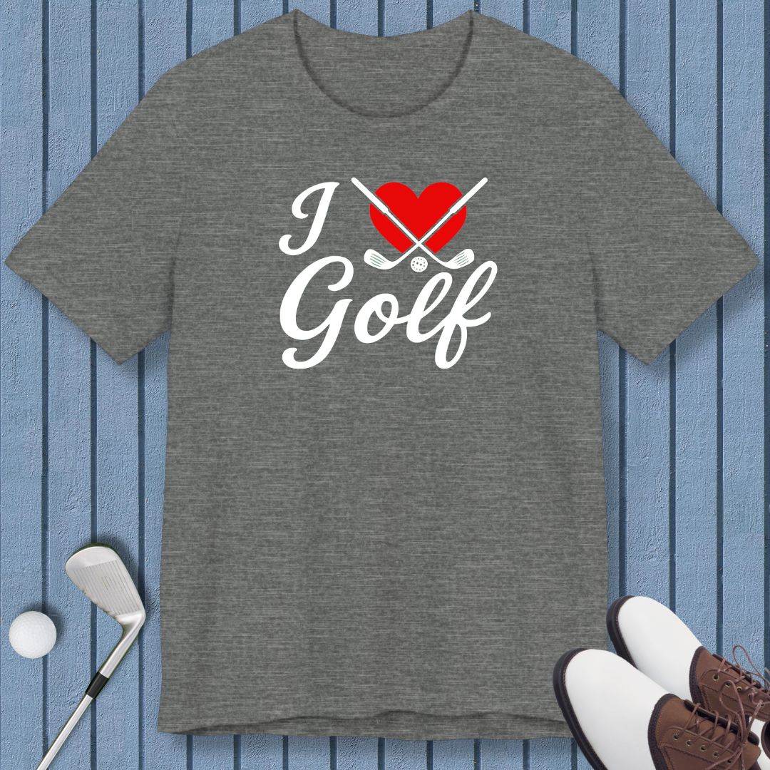 I Love Golf - T-shirt in Deep Heather, great for casual wear. Find more fun golf focused products at oneforetheages.com
