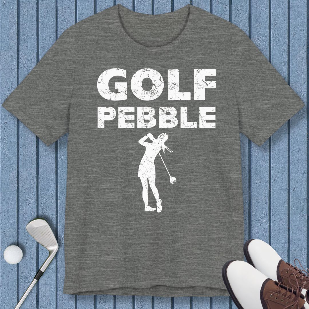 Golf Pebble - Female T-shirt in Dark Grey Heather, great for casual wear. Find more fun golf focused products at oneforetheages.com