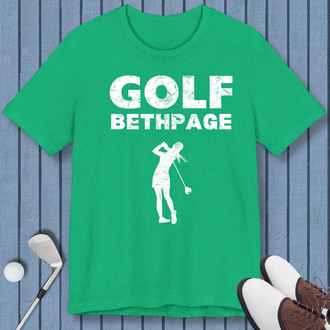 Golf Bethpage - Female T-shirt in Heather Kelly, great for casual wear. Find more fun golf focused products at oneforetheages.com