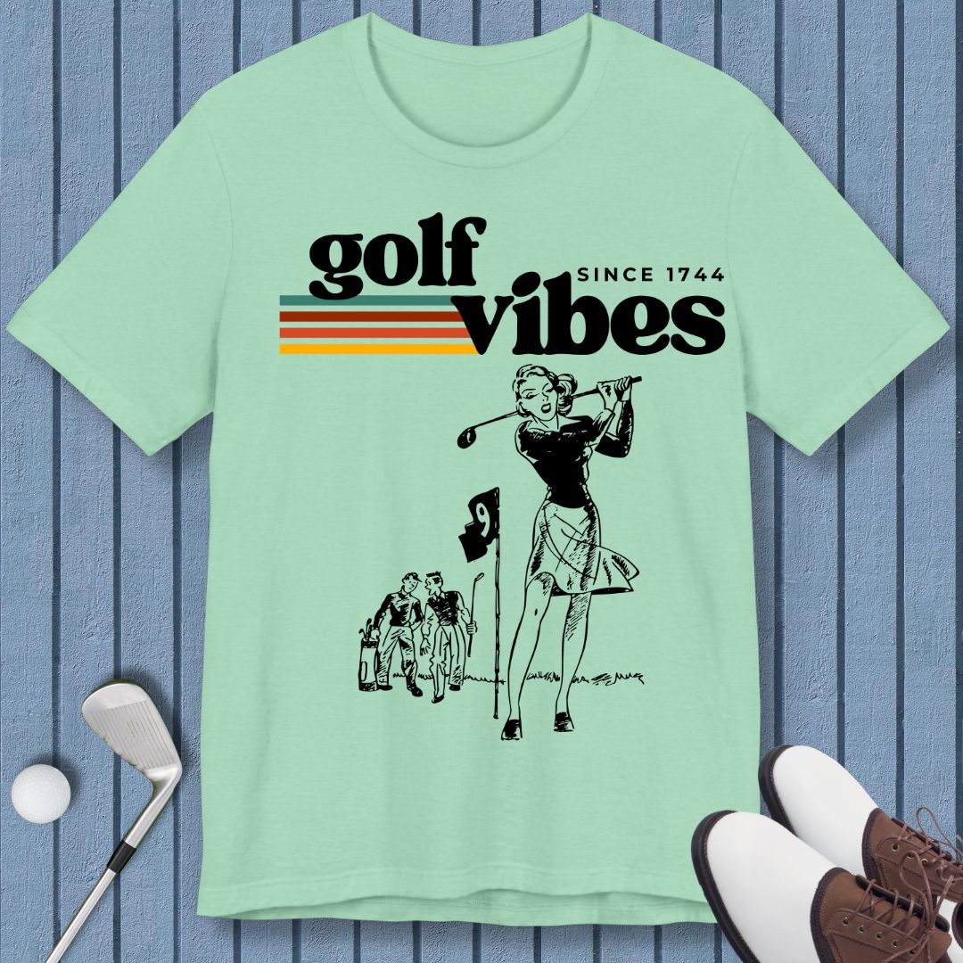 Golf Vibes | Retro T-shirt in Heather Mint, great for casual wear. Find more fun golf focused products at oneforetheages.com