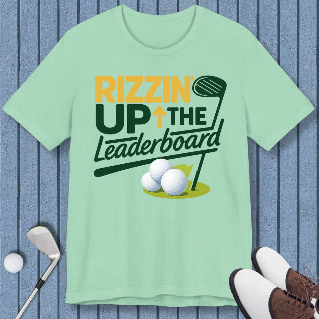 Rizzin' Up The Leaderboard - T-shirt in Heather Mint, great for casual wear. Find more fun golf focused products at oneforetheages.com