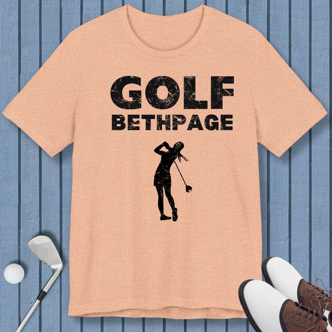 Golf Bethpage - Female T-shirt in Heather Peach, great for casual wear. Find more fun golf focused products at oneforetheages.com