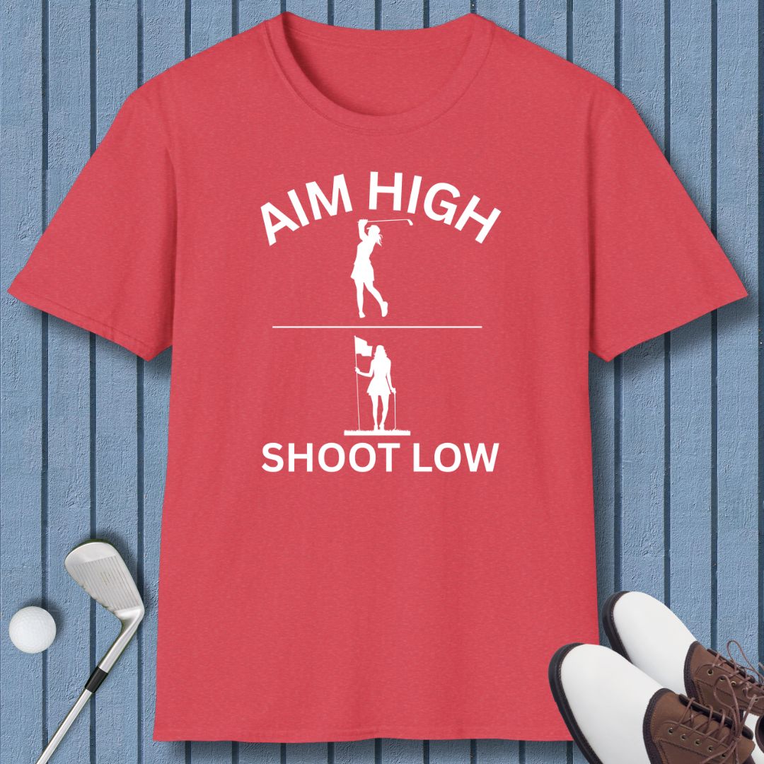 Aim High - Shoot Low - Female - T-Shirt in Heather Red, great for casual wear. Find more fun golf focused products at oneforetheages.com