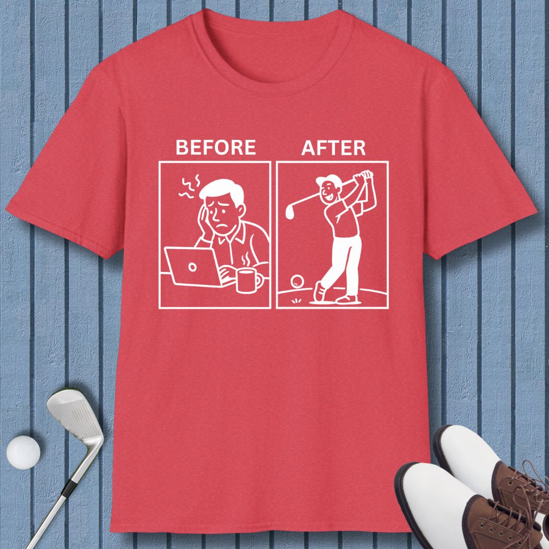 Before & After - T-Shirt in Heather Red, great for casual wear. Find more fun golf focused products at oneforetheages.com