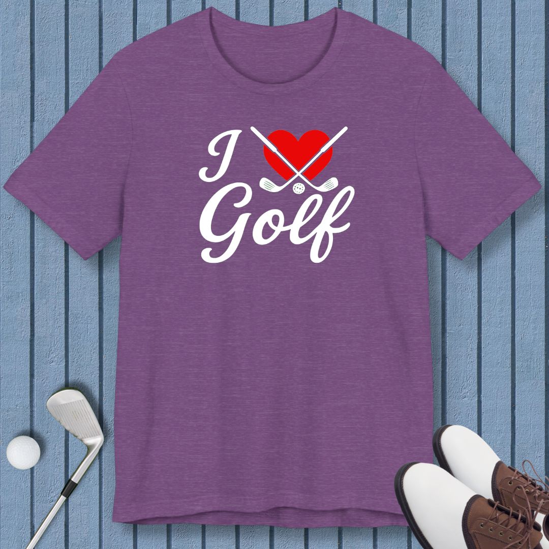 I Love Golf - T-shirt in Heather Team Purple, great for casual wear. Find more fun golf focused products at oneforetheages.com