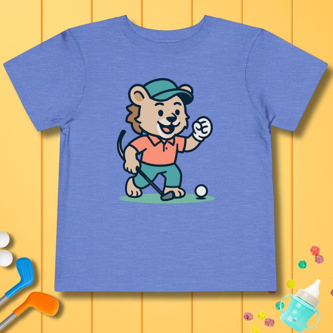 Fist Pumping Lion in Heather Columbia Blue, great for casual wear. Find more fun golf focused products at oneforetheages.com