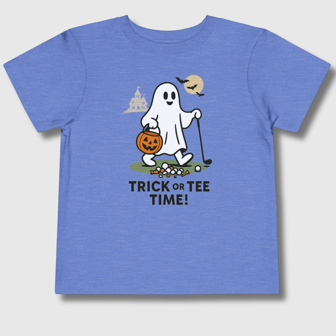 Trick or Tee Time - Toddler Golf T-Shirt in Heather Columbia Blue